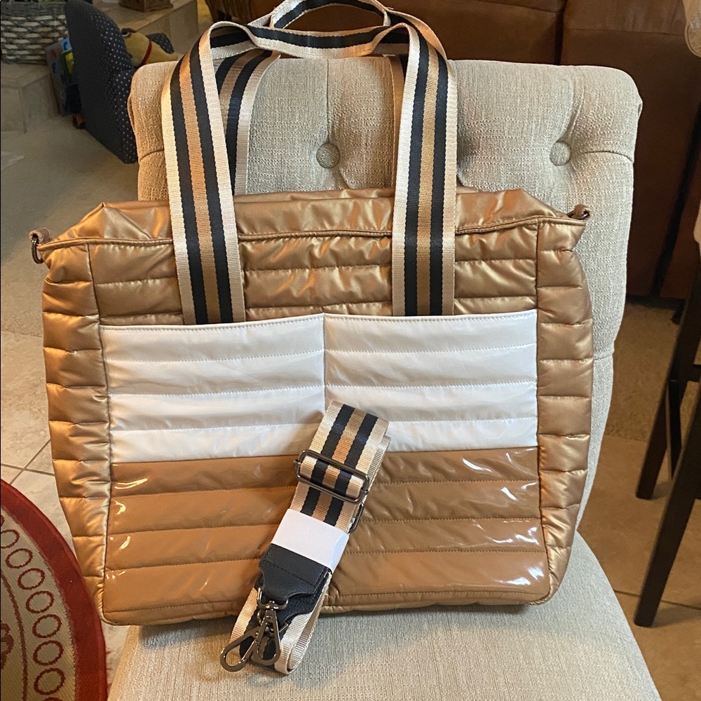 THINK ROYLN The Metro Gold, White & Black Colorblock Large Quilted Tote NWOT